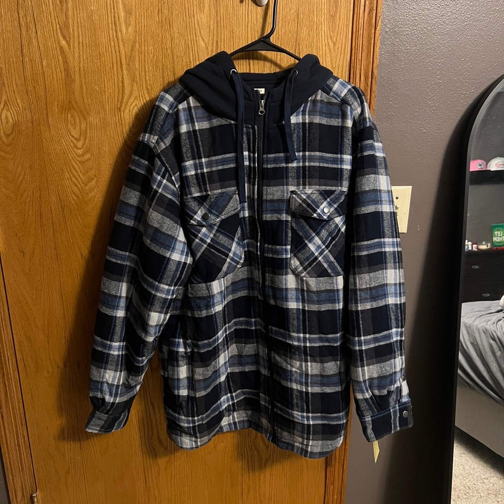 Blue and White Plaid Hooded Jacket